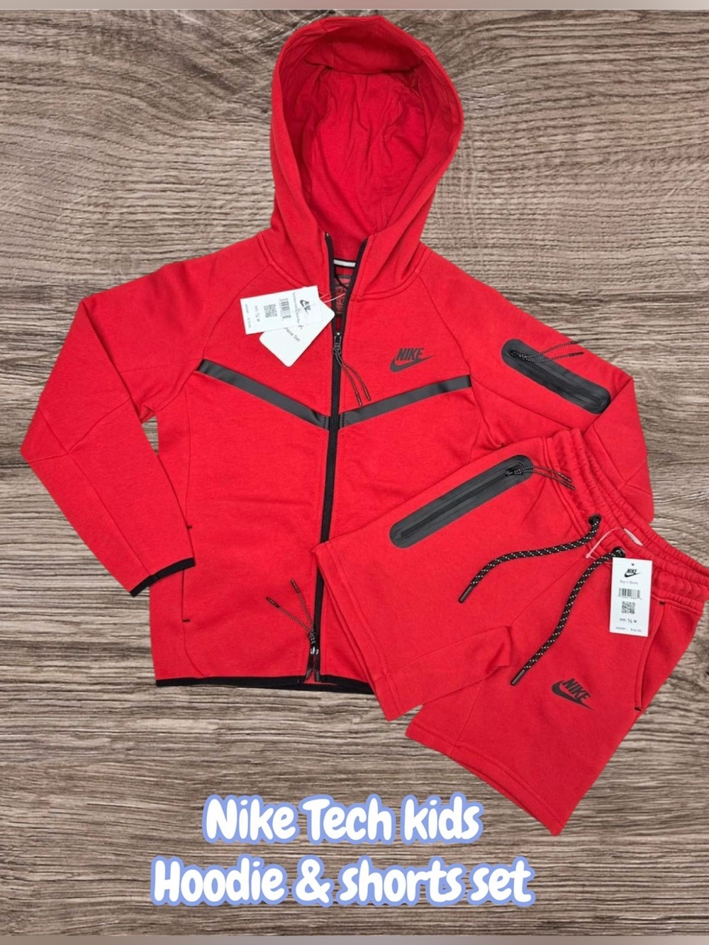 Nike Red Kids Tech Hoodie & Shorts Set with Black Accents